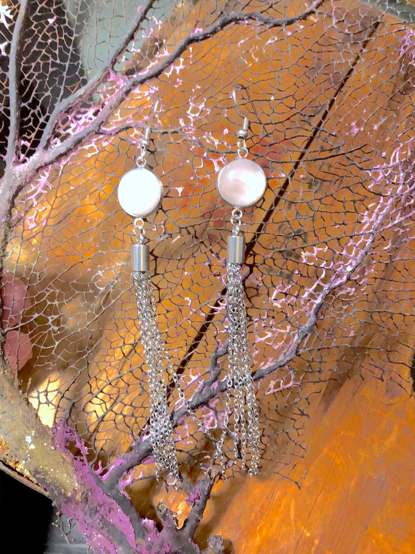 Rose Quartz Silver Chain Dangle Earrings