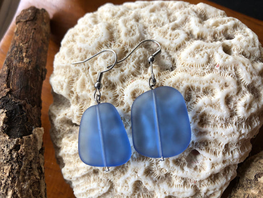 Deep Blue Sea Glass Dangle Earrings