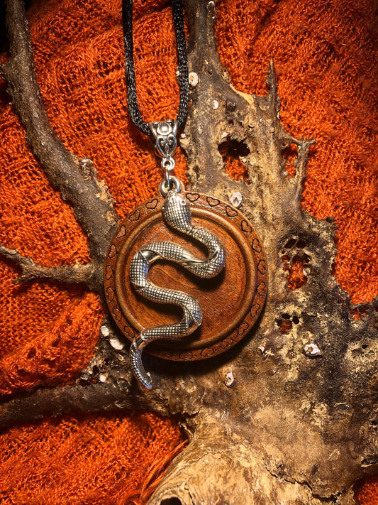 Wooden Snake Pendant (with black cord necklace)