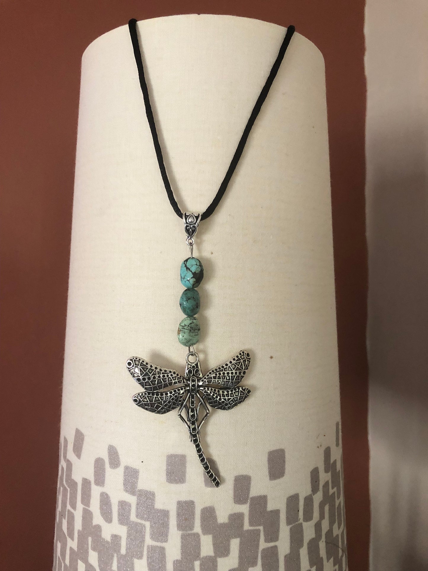 Dragonfly and African Turquoise Pendant (with black corded necklace)