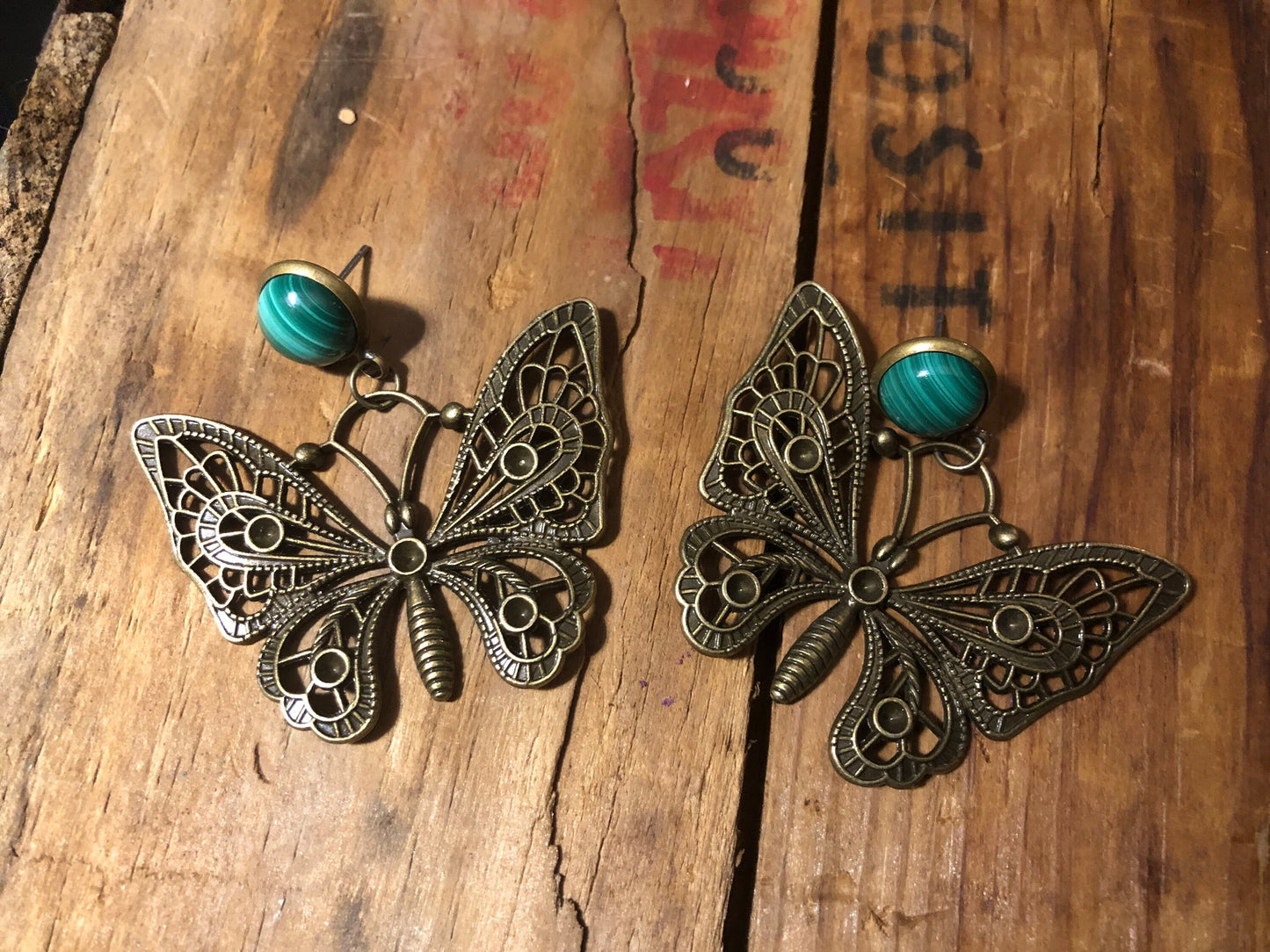 Large Butterfly Earrings with Malachite Stones