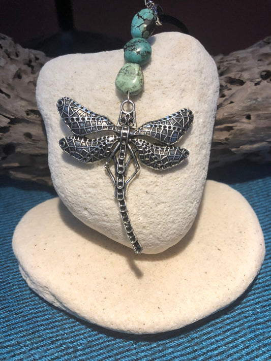 Dragonfly and African Turquoise Pendant (with black corded necklace)