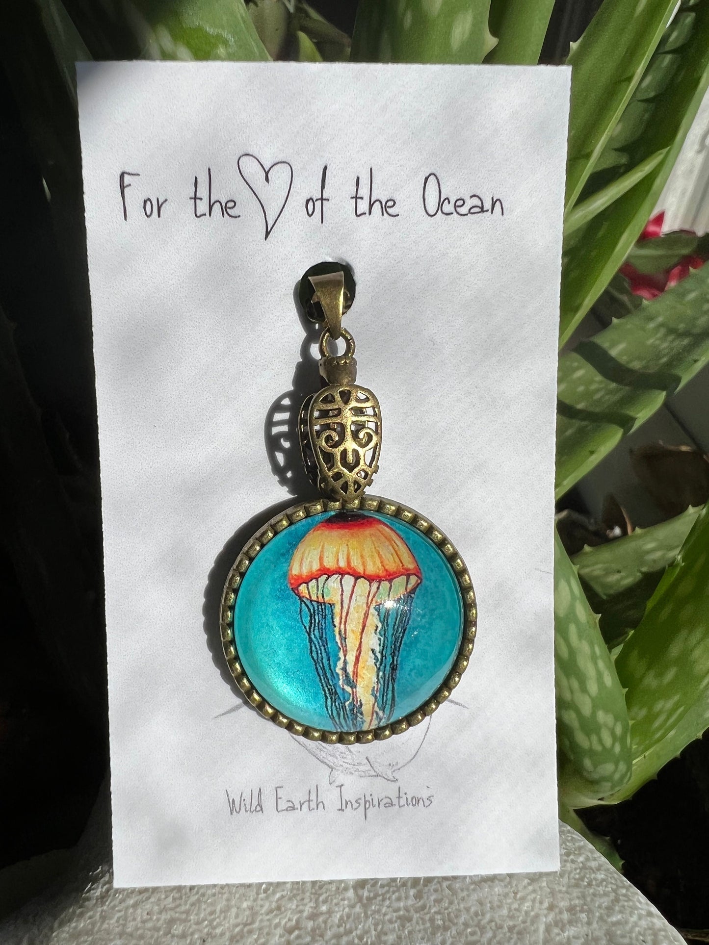 Glass Jellyfish Antique Brass Pendant with Necklace