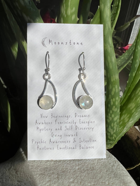 Dangling Swoop Silver Moonstone Earrings