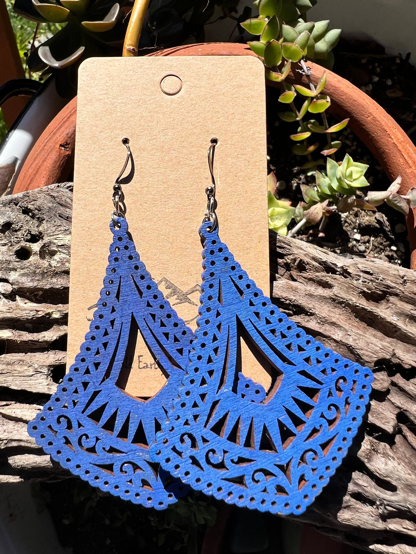 Blue Wooden Jangle Earrings