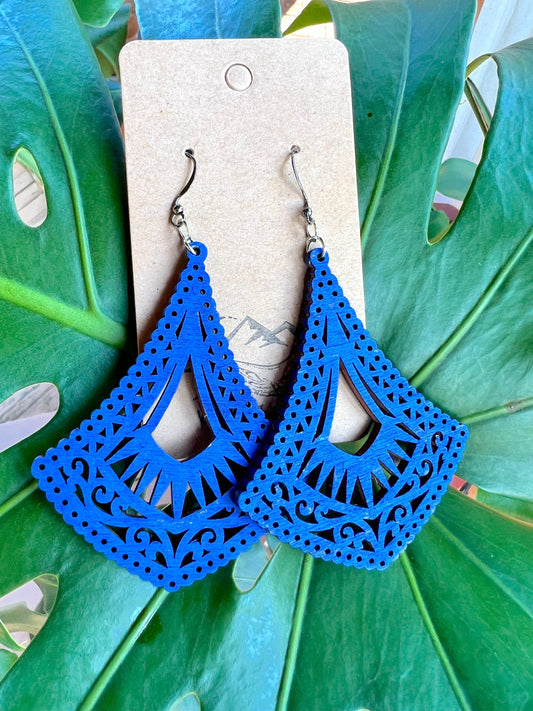 Blue Wooden Jangle Earrings