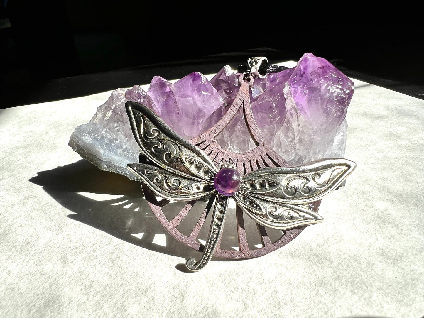 Dragonfly Pendant with Amethyst Stone (with black corded necklace)