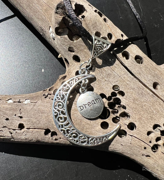 Dreamer Moon Pendant with black corded necklace