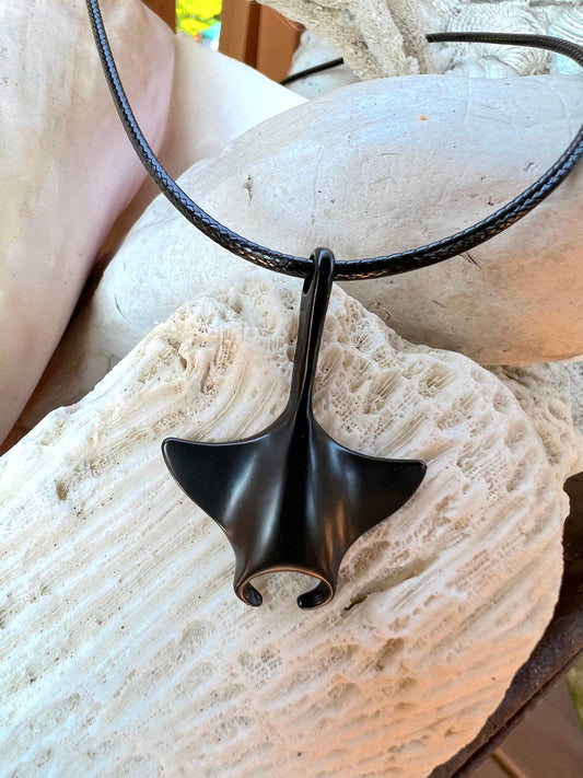 Black Manta Ray Pendant (with black corded necklace)
