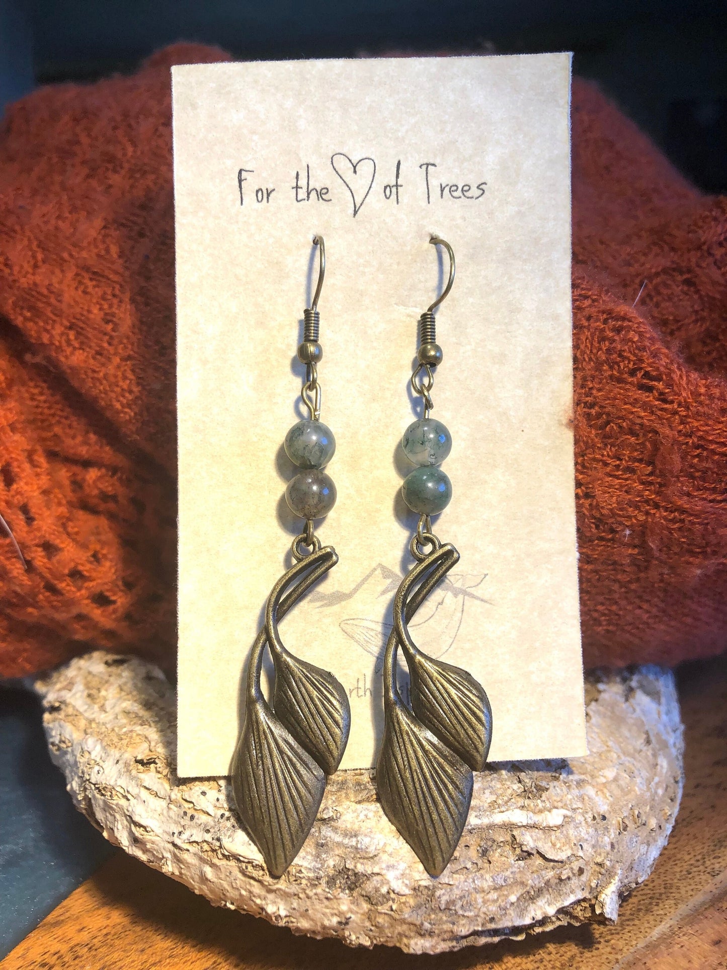 Brass Branch Earrings with Moss Agate Stones