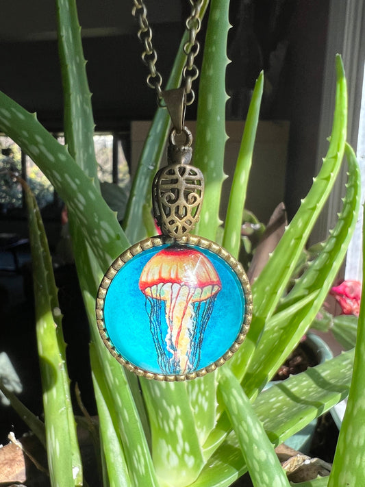 Glass Jellyfish Antique Brass Pendant with Necklace