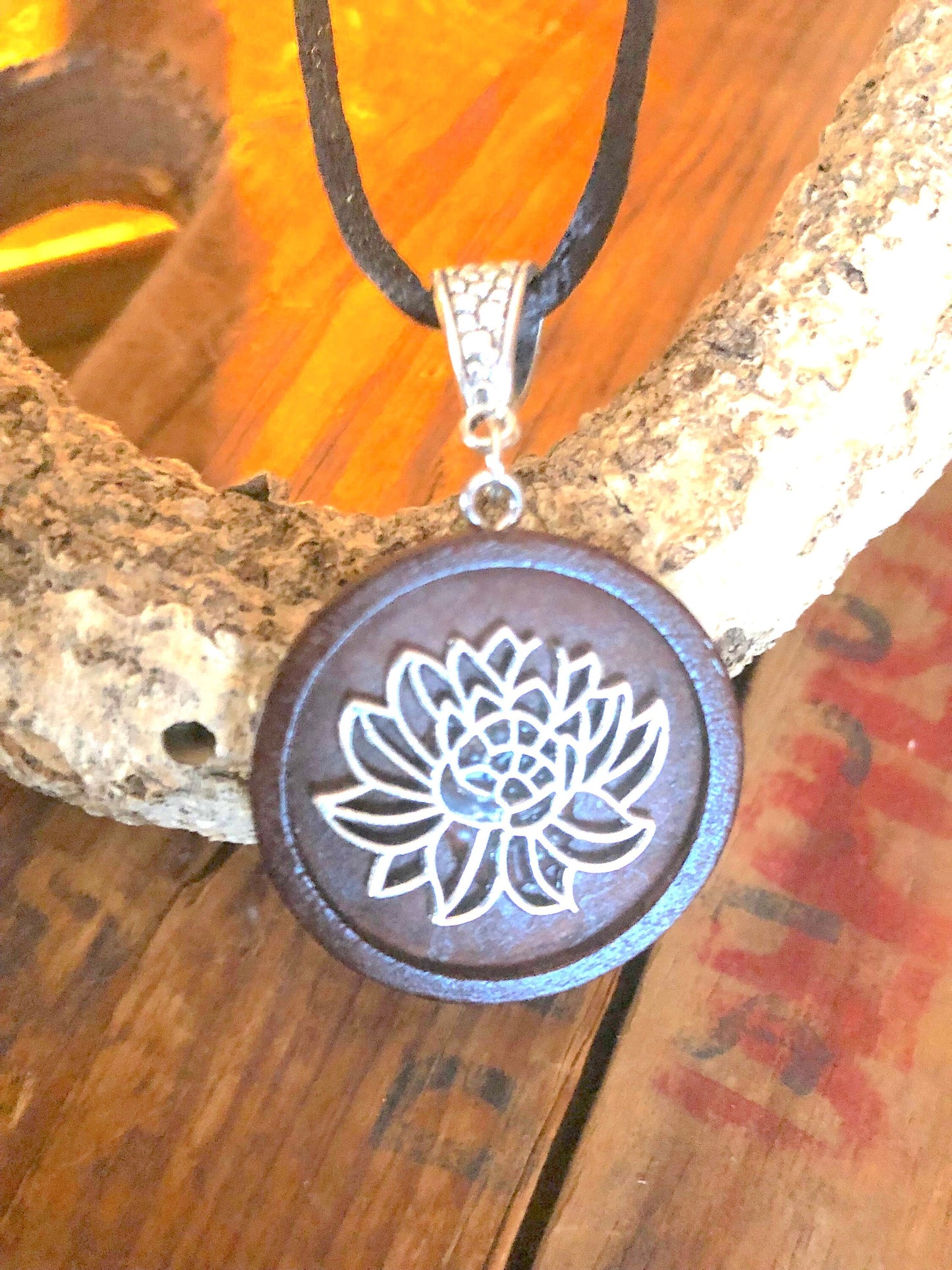 Wooden Lotus Flower Pendant (with black cord necklace)