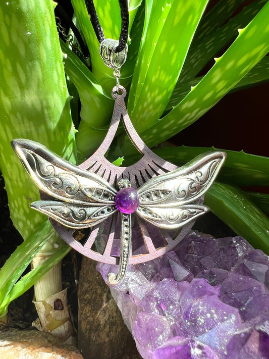 Dragonfly Pendant with Amethyst stone with Sterling Silver Necklace