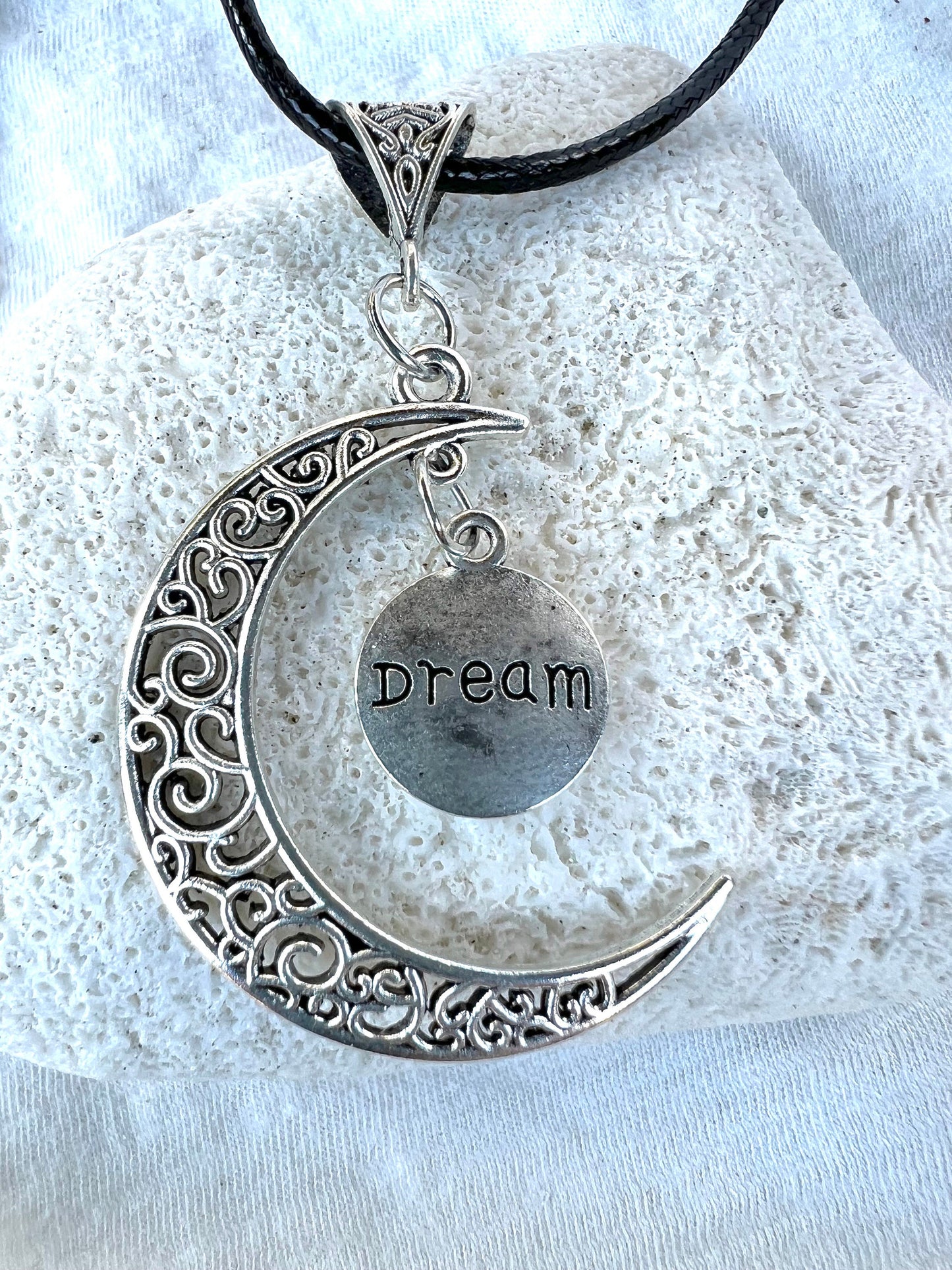 Dreamer Moon Pendant with black corded necklace