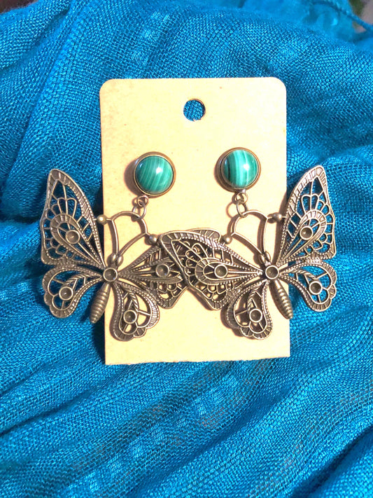 Large Butterfly Earrings with Malachite Stones