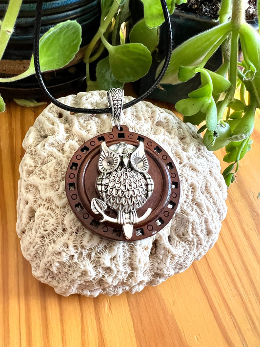 Owl Wooden Pendant (with black corded necklace)
