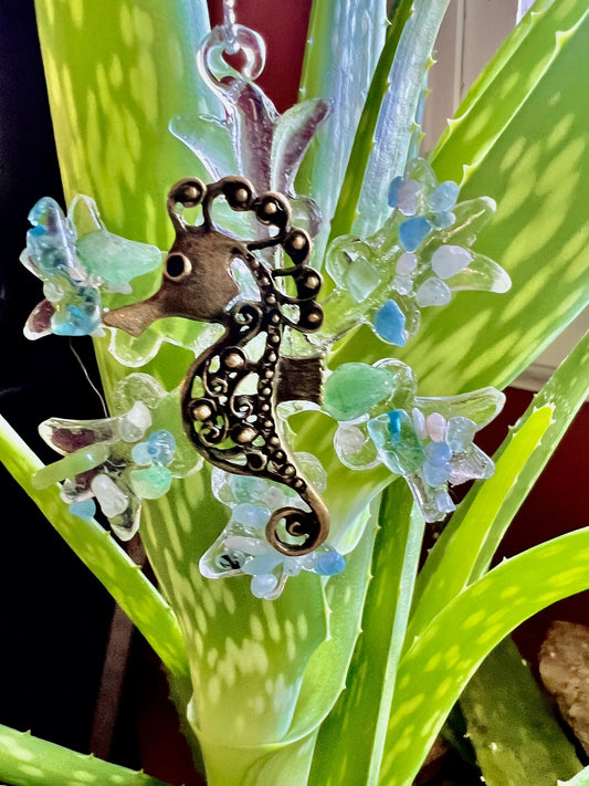 Sea Horse Ornament with Aventurine and Aquamarine Stones