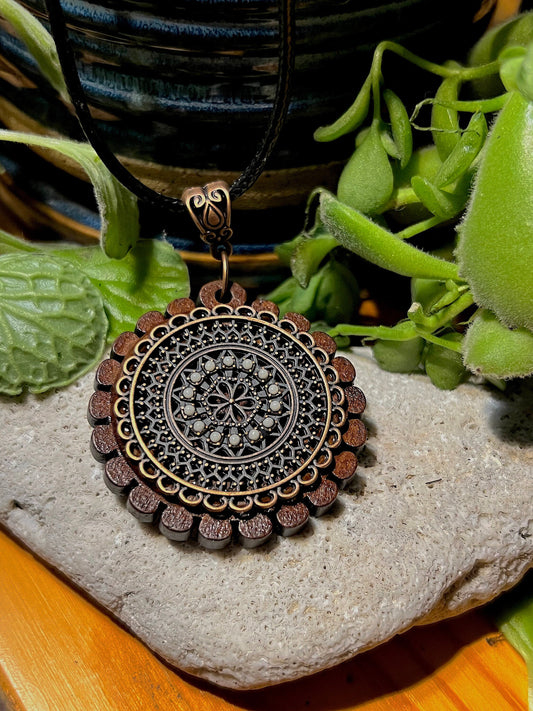 Wooden Medallion Pendant with 16" Black Cord Necklace