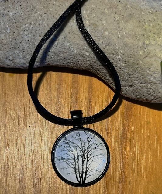 Black and White Winter Tree Pendant (with black corded necklace)