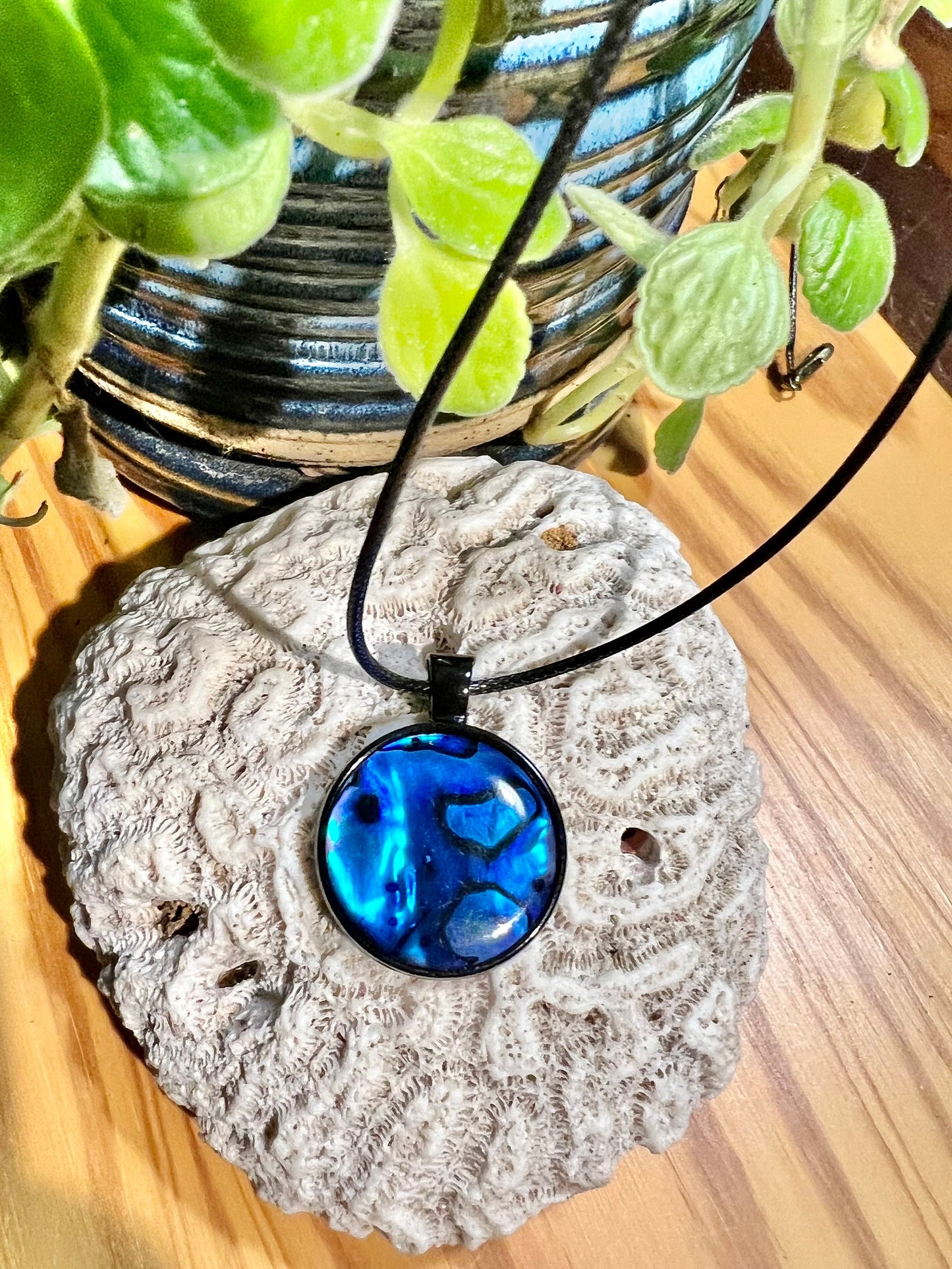 Deep Blue Mother of Pearl Silver Pendant (with black corded necklace)