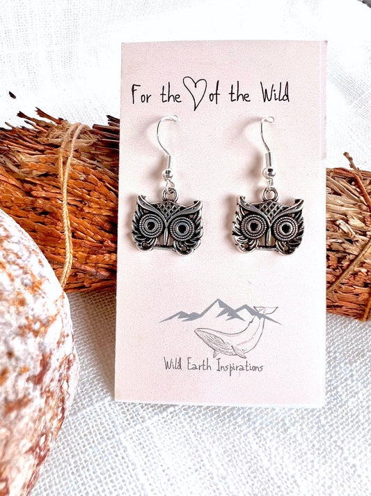 Silver Owl's Head Earrings