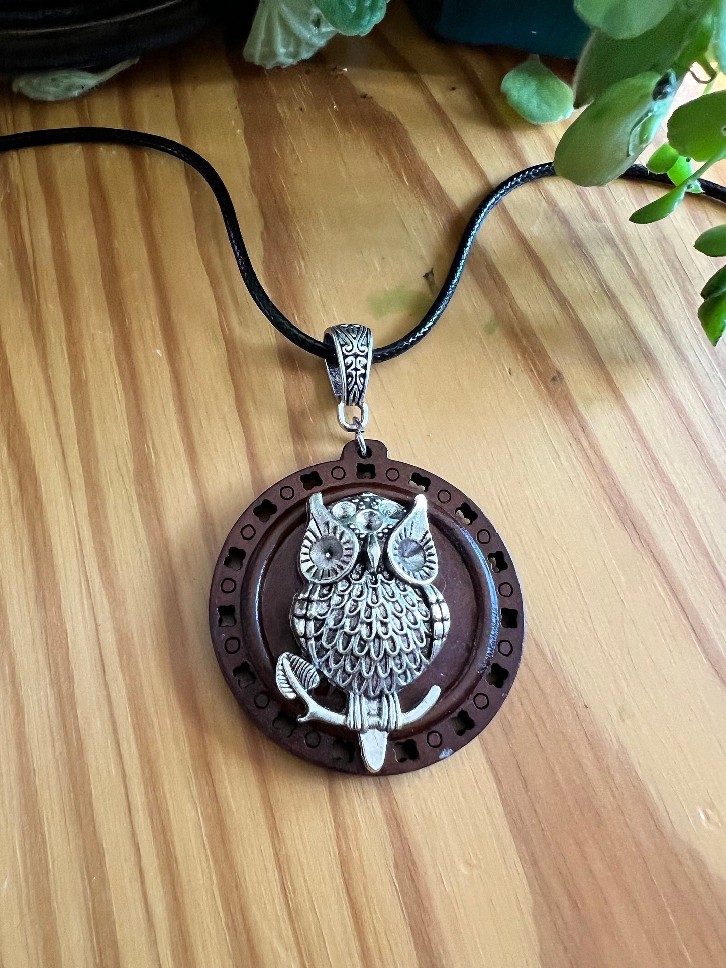 Owl Wooden Pendant (with black corded necklace)