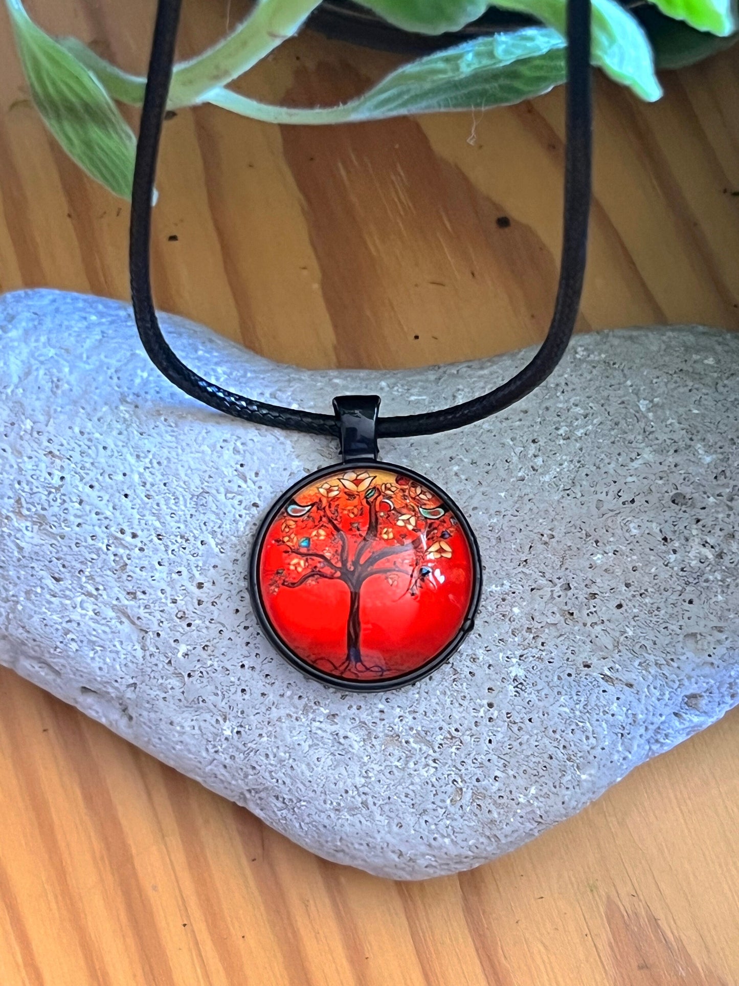 Fiery Sunset Pendant with Black Corded Necklace