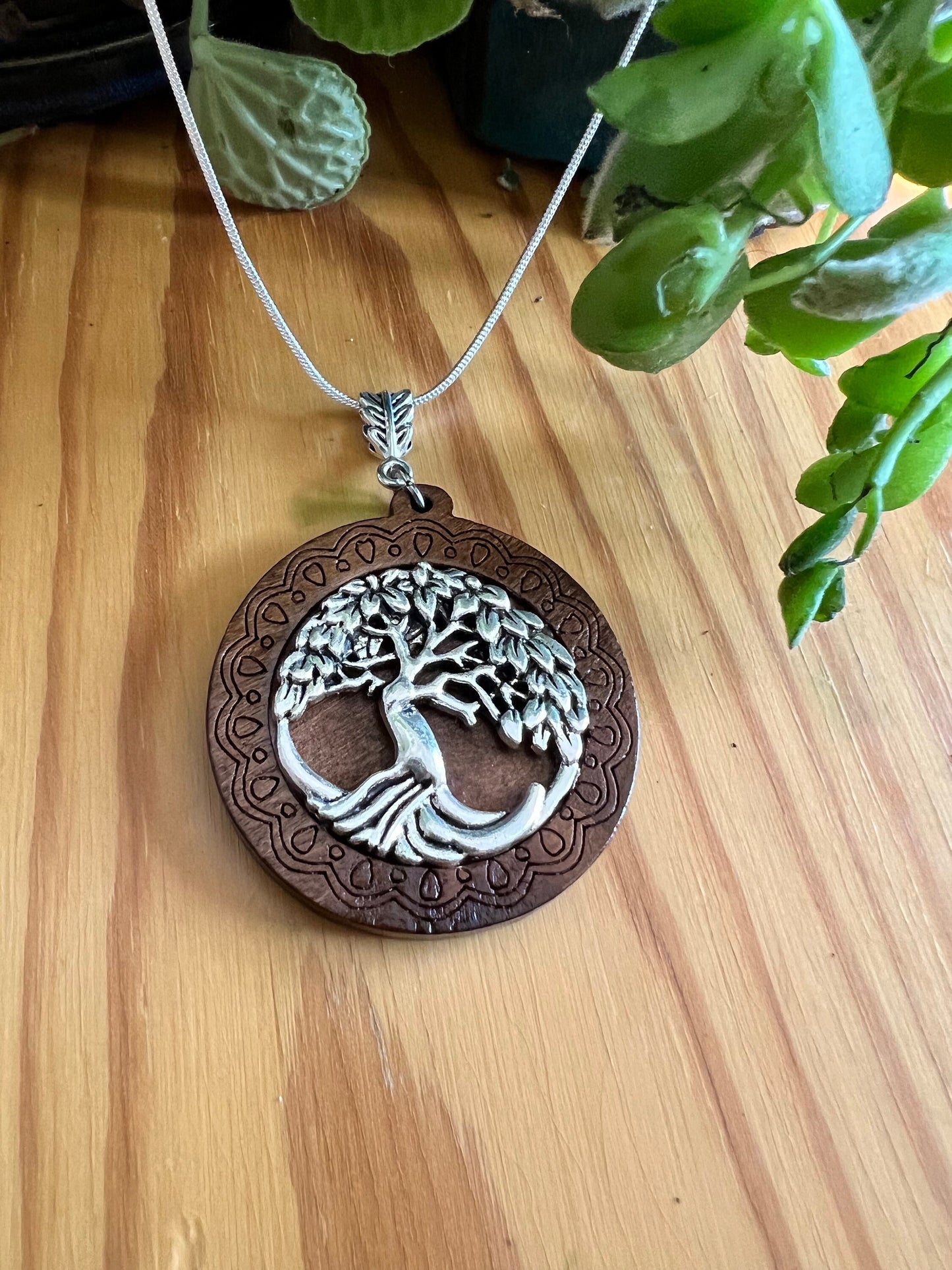 Tree of Life Wooden Pendant with Black Corded Necklace
