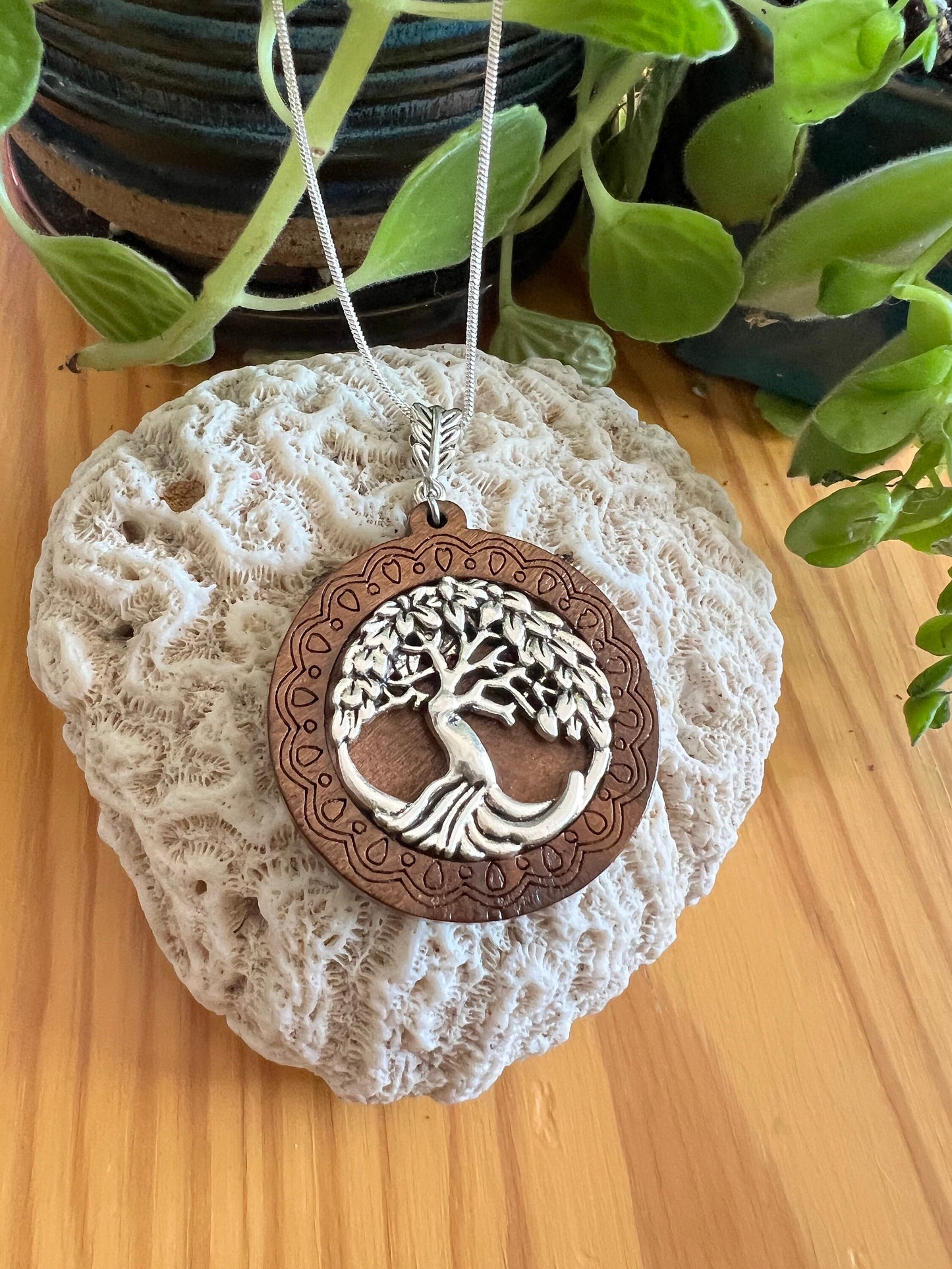 Tree of Life Wooden Pendant with Black Corded Necklace
