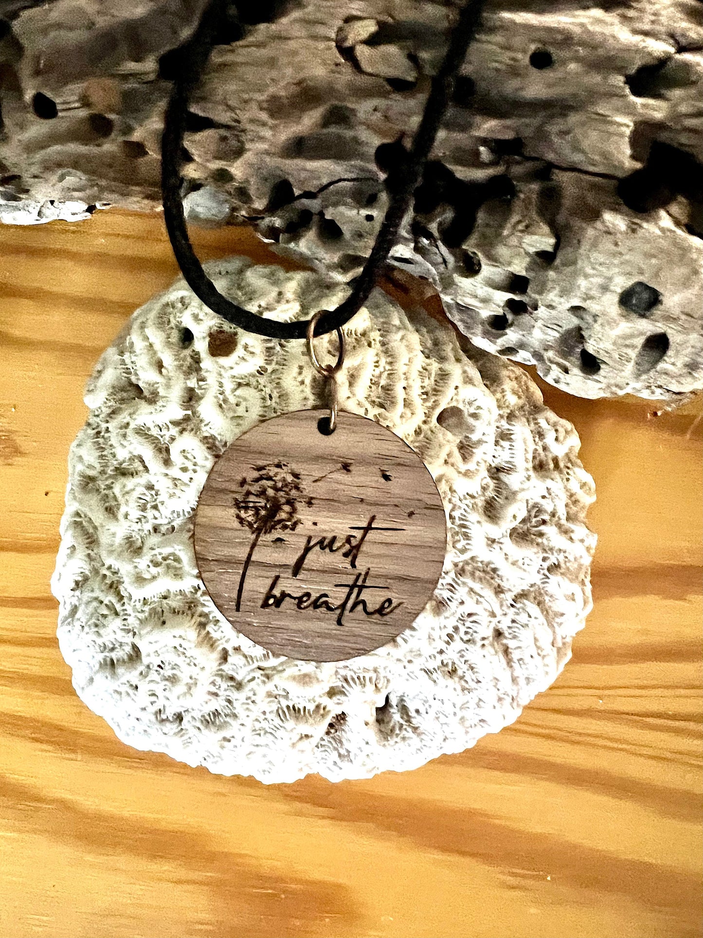 Just Breathe Walnut Pendant (with black corded necklace)