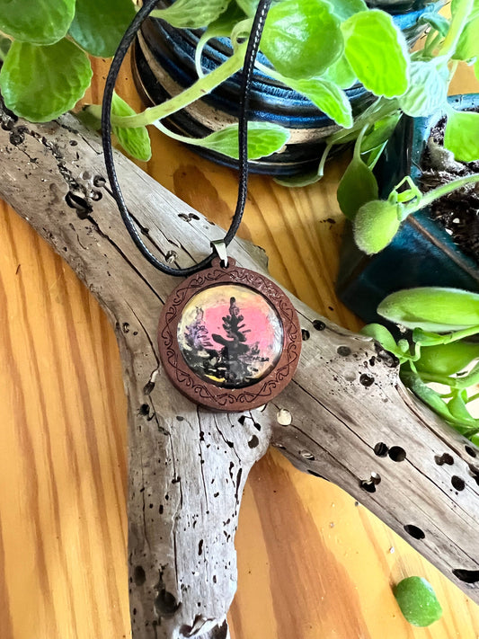 Painted Sky Wooden Pendant (with black corded necklace)