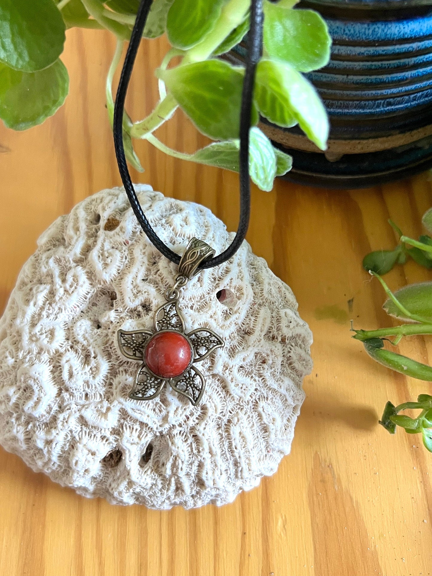 Jasper Flower Pendant (with black corded necklace)