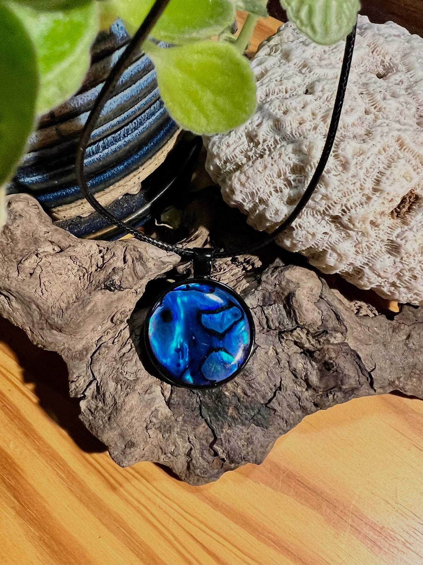Deep Blue Mother of Pearl Silver Pendant (with black corded necklace)