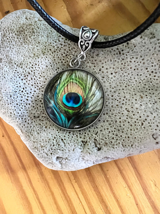 Peacock Feather Brass Pendant (with black corded necklace