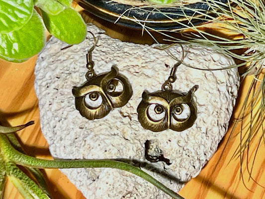 Antique Brass Owl Head Earrings