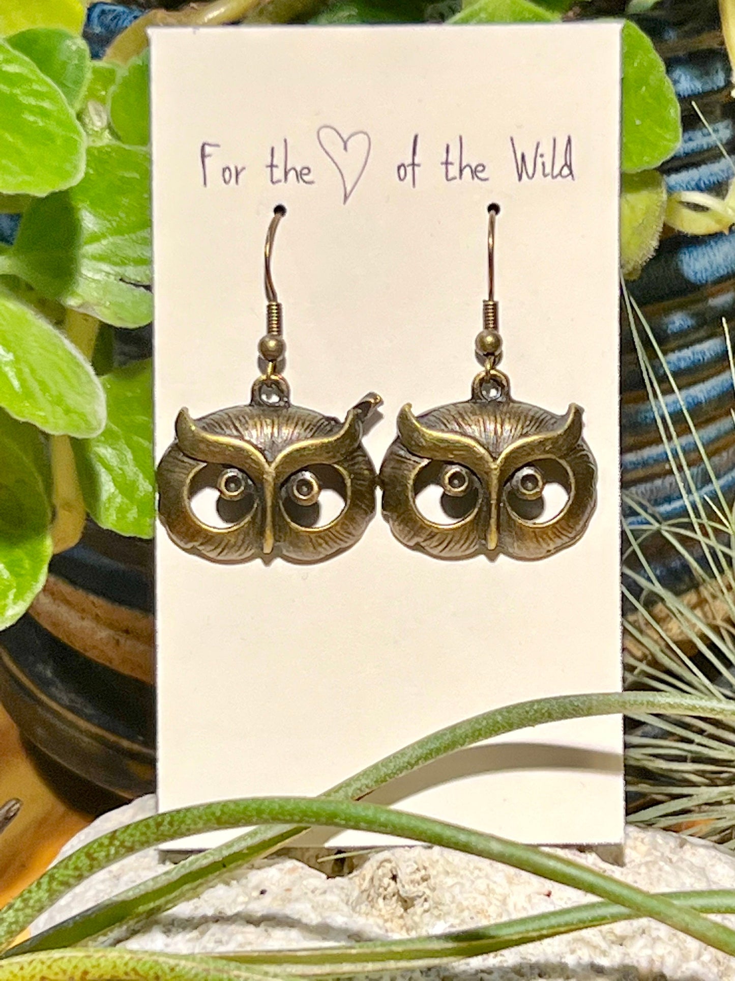 Antique Brass Owl Head Earrings
