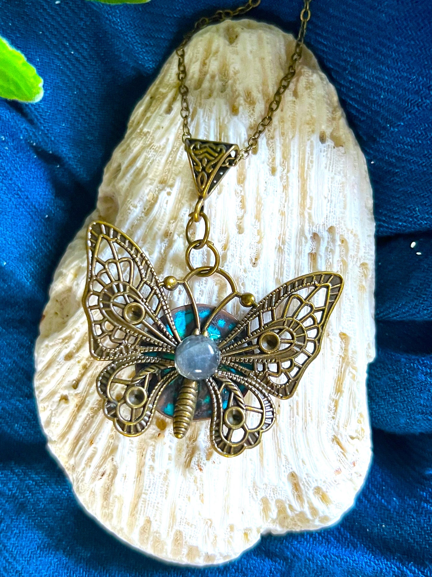 Brass Butterfly Pendant with Labradorite Stone ( with black corded necklace)
