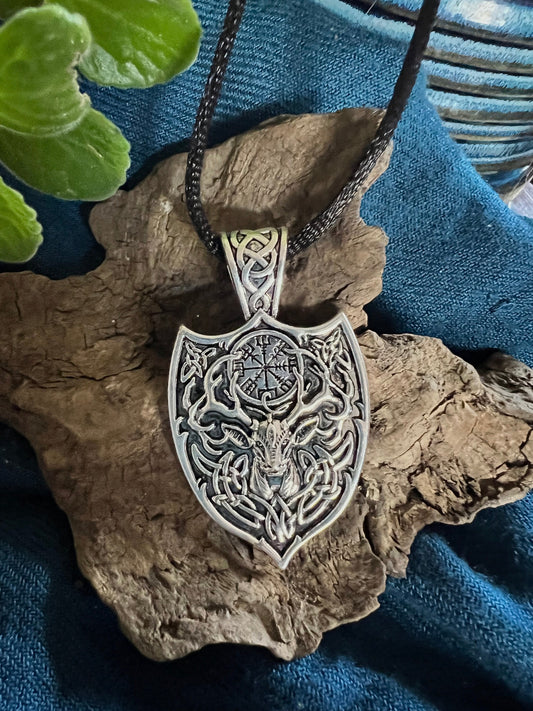 Stag Helm of Awe Pendant (with black corded necklace)