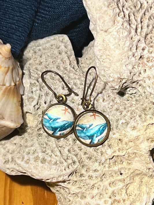 Humpback Whale and Calf Brass Dangle Earrings
