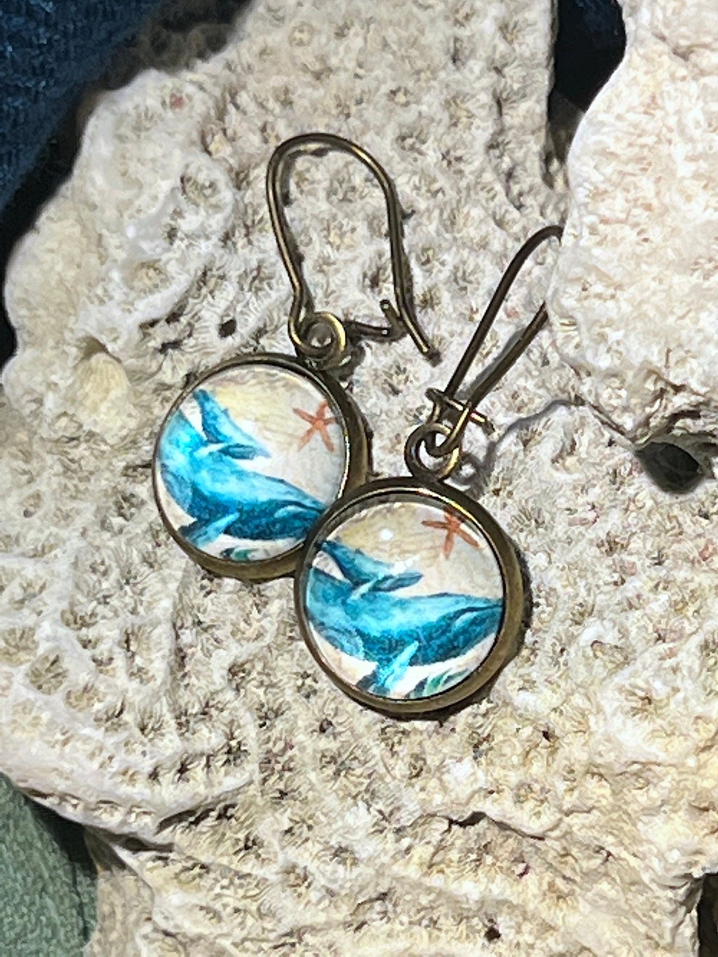 Humpback Whale and Calf Brass Dangle Earrings