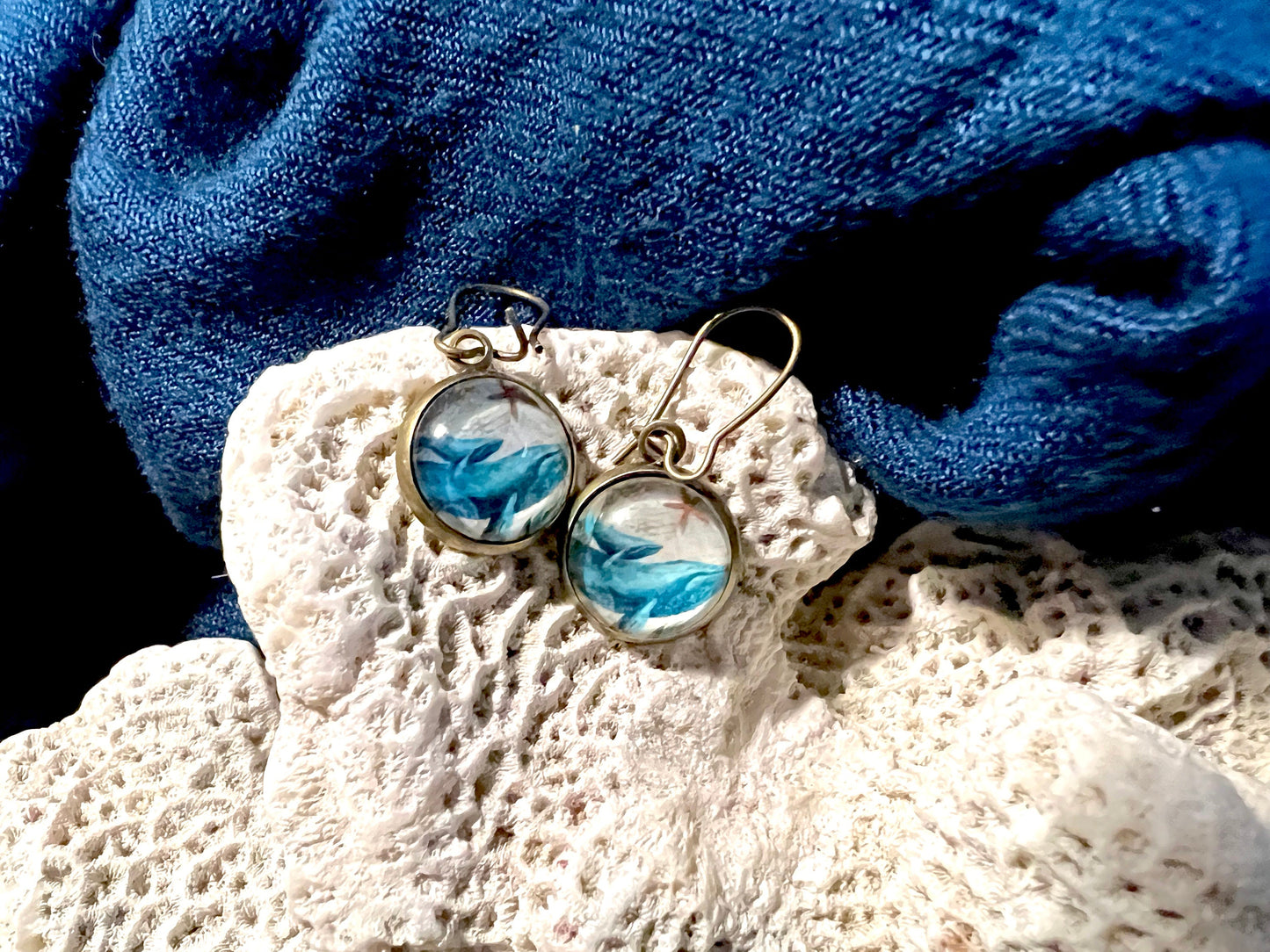 Humpback Whale and Calf Brass Dangle Earrings