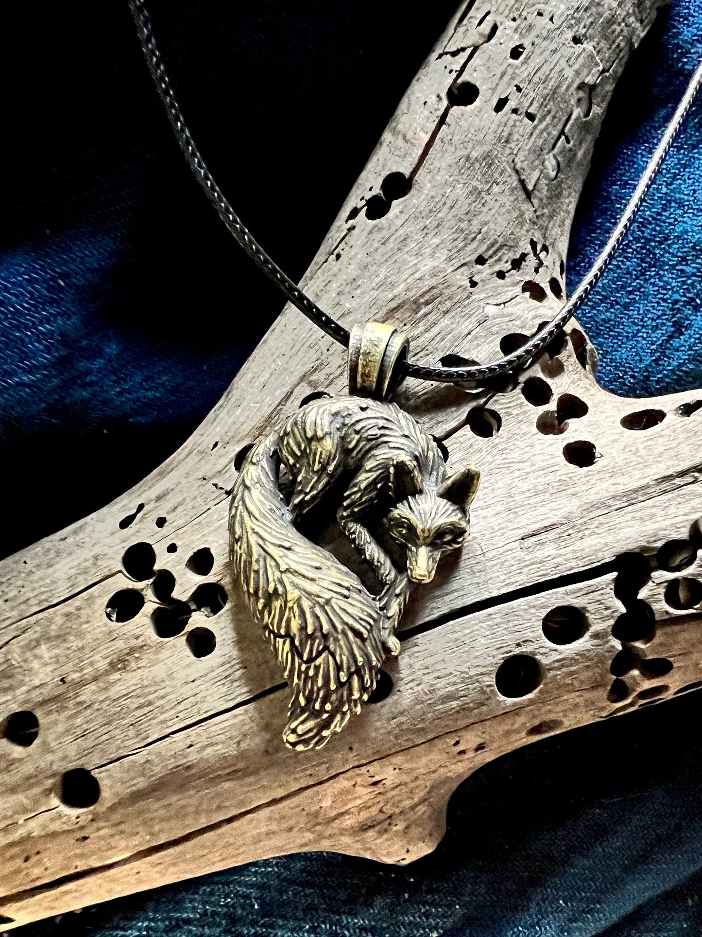 Antique Brass Fox Pendant (with black corded necklace)