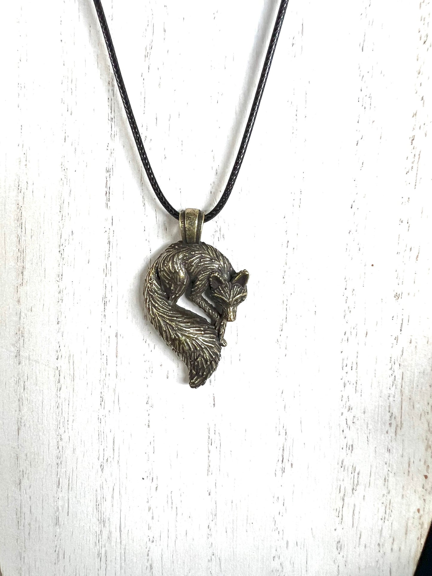 Antique Brass Fox Pendant (with black corded necklace)