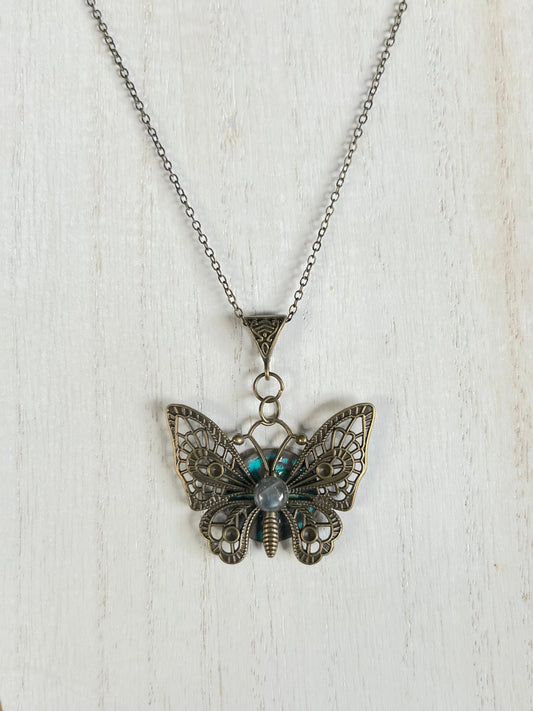Brass Butterfly Pendant with Labradorite Stone ( with black corded necklace)