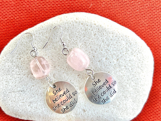 She Believed that She Could Rose Quartz Dangles