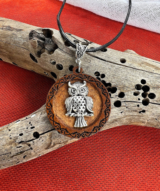 Sweetest Owl Wooden Pendant (with black corded necklace)