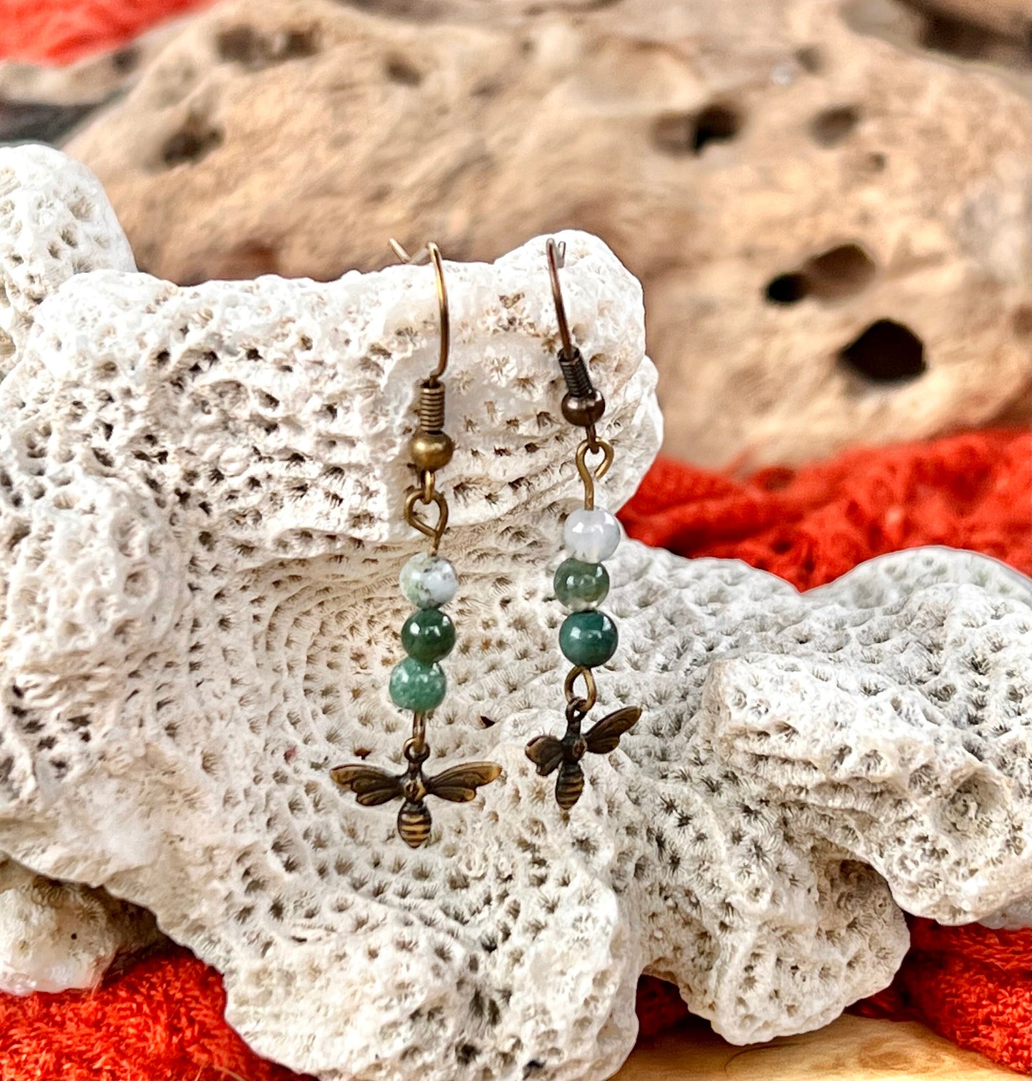 Antique Bee Dangles with Moss Agate Stones