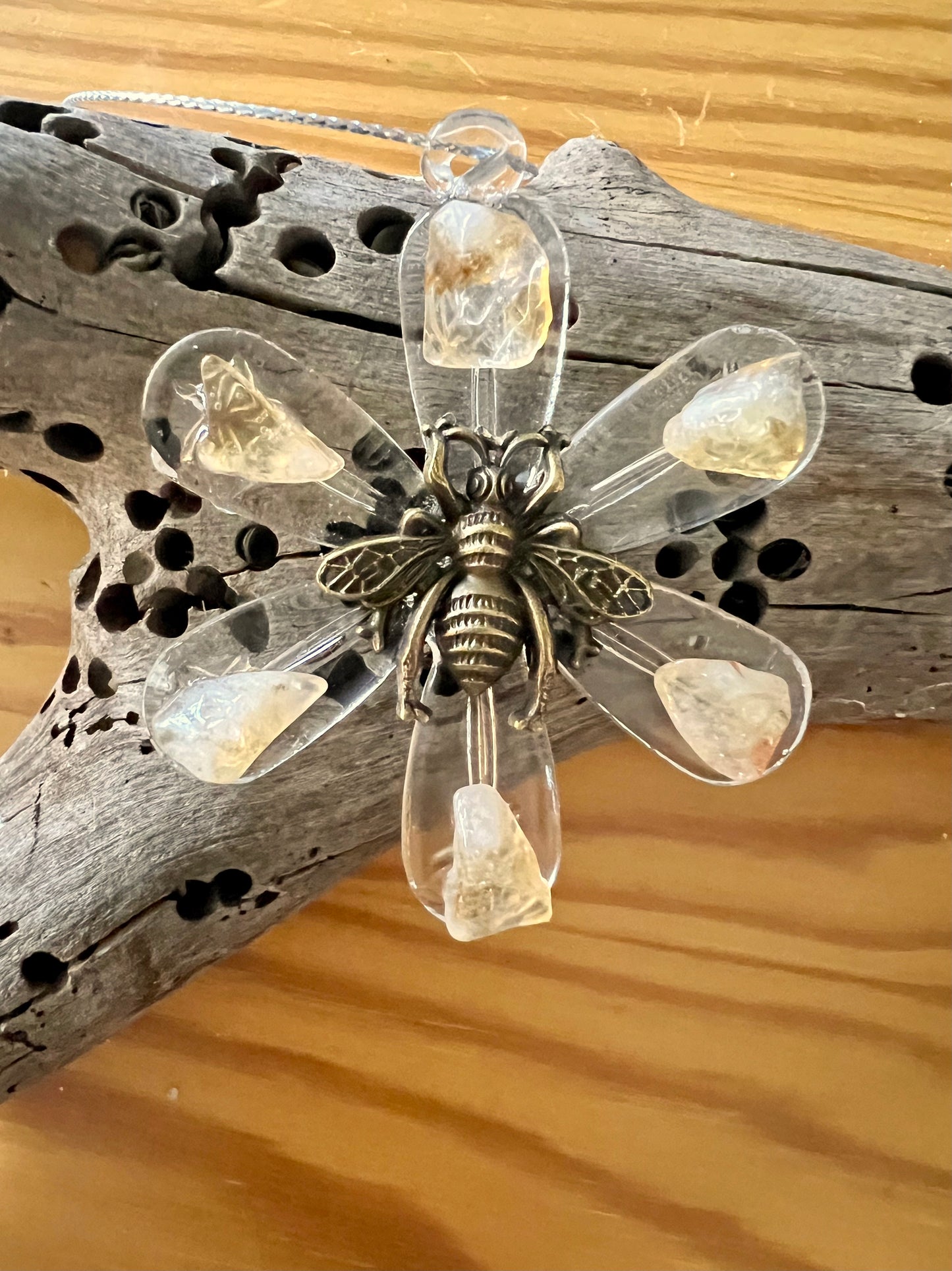 Flower and Honeybee Glass Ornament with Citrine Stones