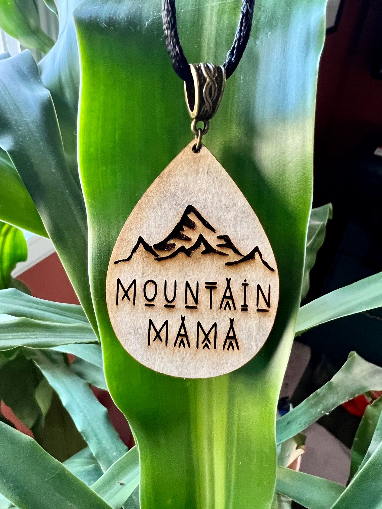 Mountain Mama Walnut Pendant (with black corded necklace)