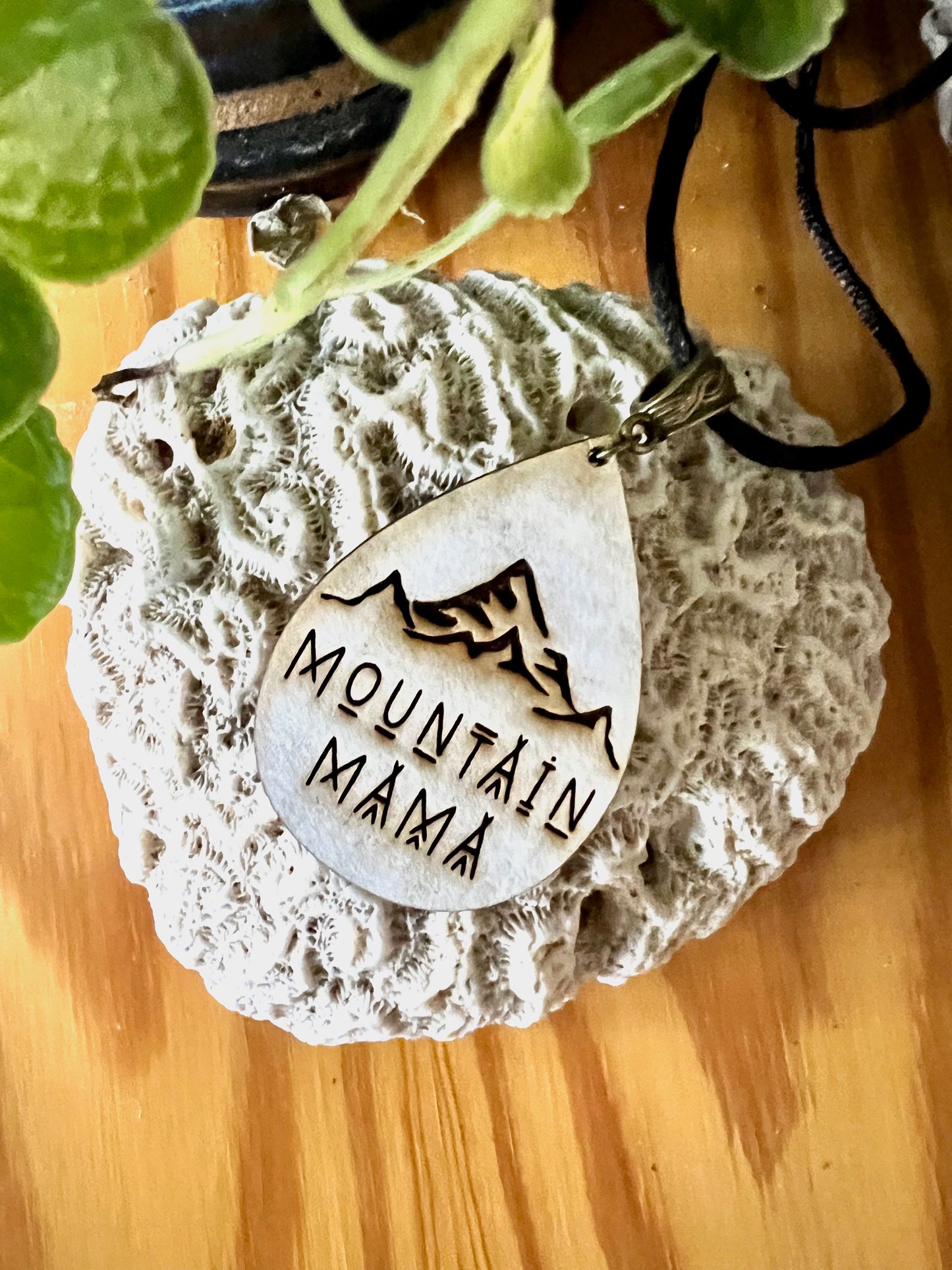 Mountain Mama Walnut Pendant (with black corded necklace)